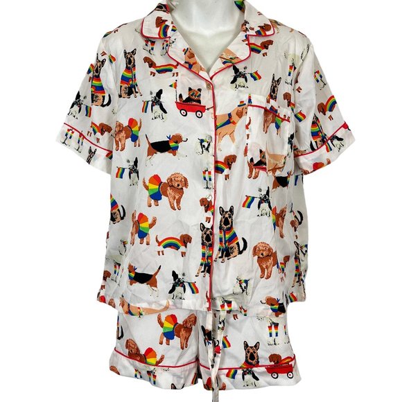 Isaac Mizrahi Sleepwear Pajamas Pjs Womens Shorts Button Down Top Rainbow Dogs M - Picture 1 of 16